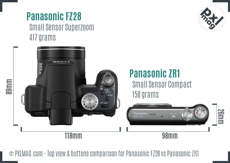 Panasonic FZ28 vs Panasonic ZR1 top view buttons comparison