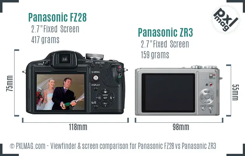 Panasonic FZ28 vs Panasonic ZR3 Screen and Viewfinder comparison