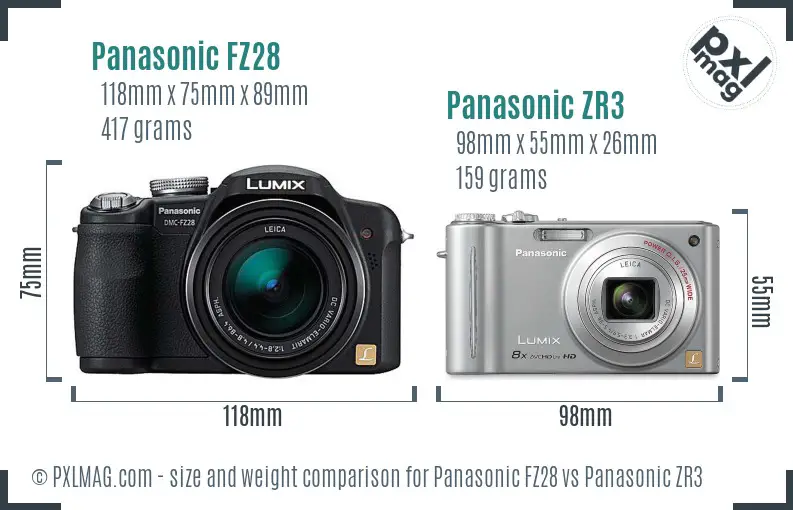 Panasonic FZ28 vs Panasonic ZR3 size comparison