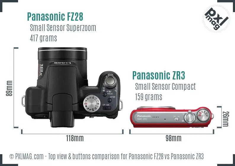 Panasonic FZ28 vs Panasonic ZR3 top view buttons comparison