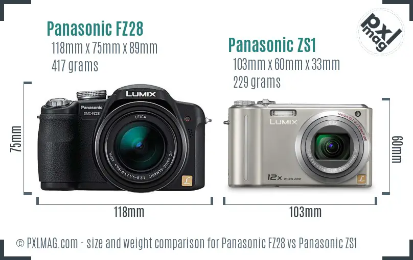 Panasonic FZ28 vs Panasonic ZS1 size comparison
