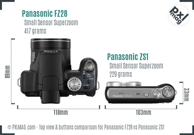 Panasonic FZ28 vs Panasonic ZS1 top view buttons comparison