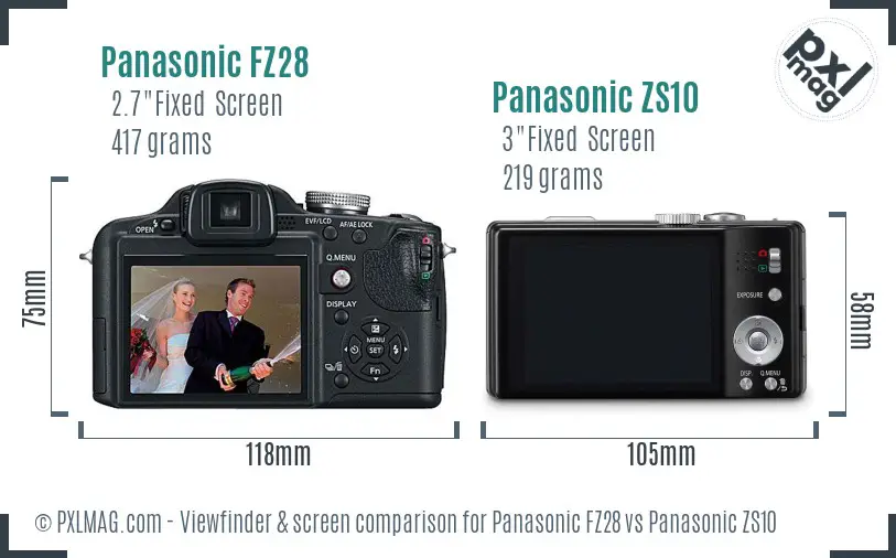 Panasonic FZ28 vs Panasonic ZS10 Screen and Viewfinder comparison