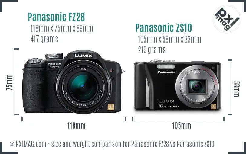 Panasonic FZ28 vs Panasonic ZS10 size comparison