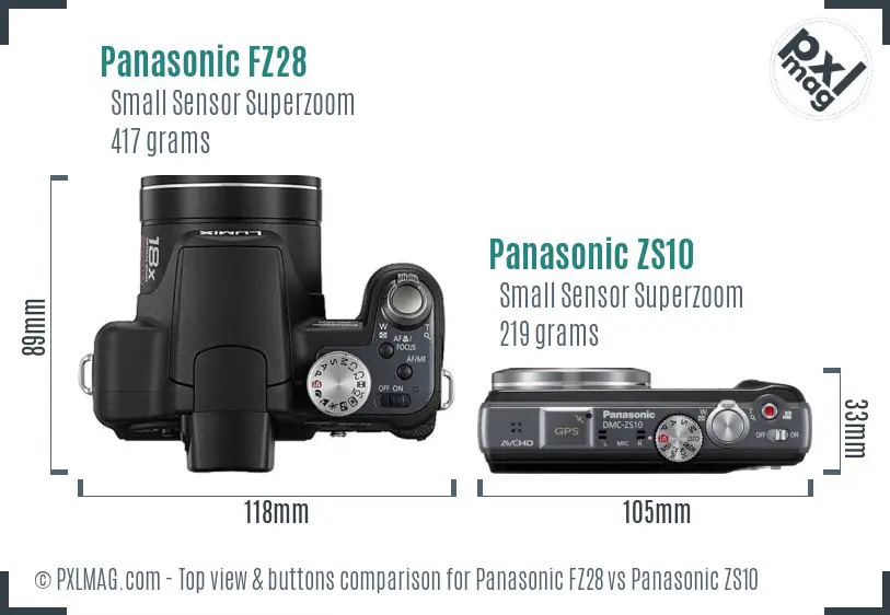 Panasonic FZ28 vs Panasonic ZS10 top view buttons comparison