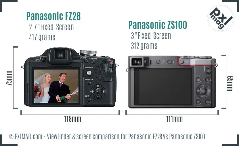 Panasonic FZ28 vs Panasonic ZS100 Screen and Viewfinder comparison