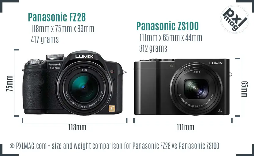 Panasonic FZ28 vs Panasonic ZS100 size comparison