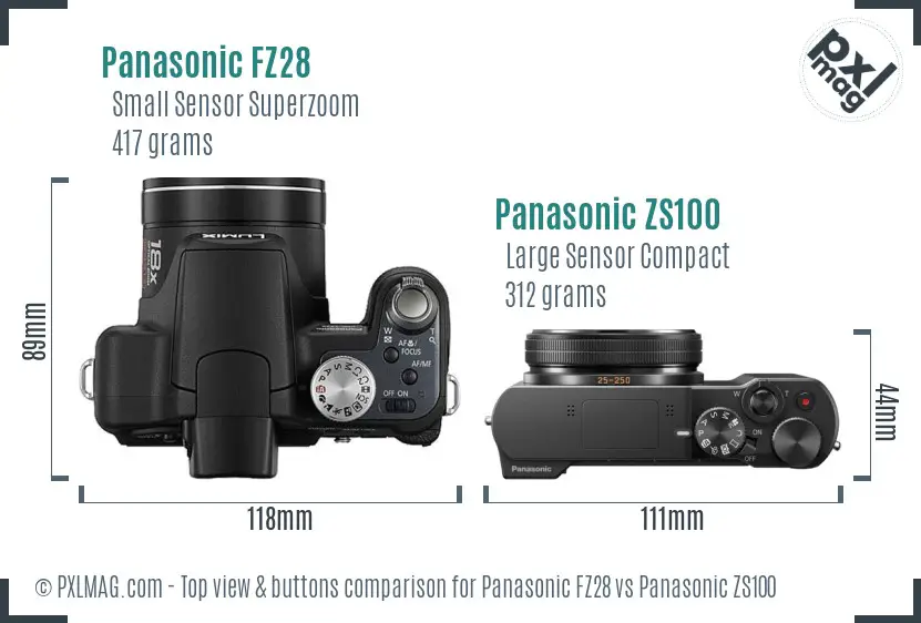 Panasonic FZ28 vs Panasonic ZS100 top view buttons comparison