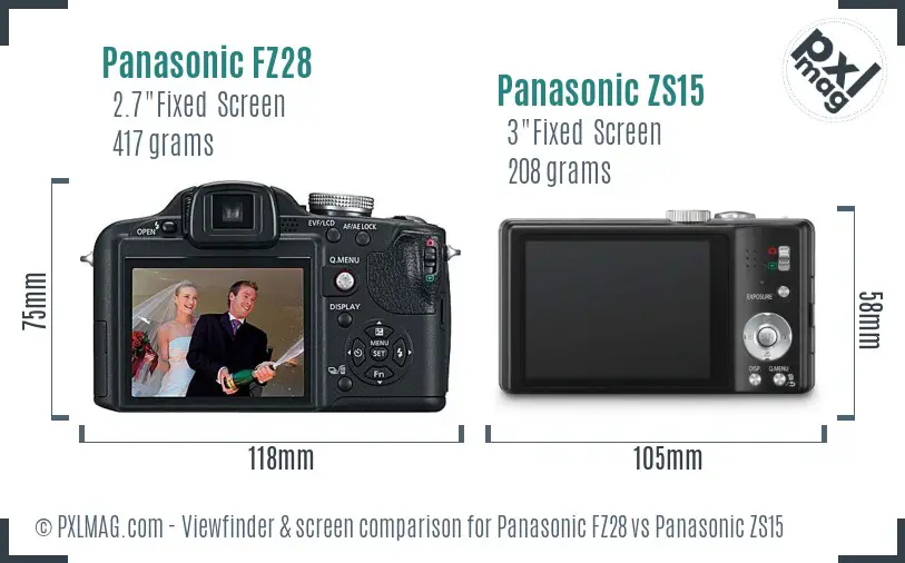 Panasonic FZ28 vs Panasonic ZS15 Screen and Viewfinder comparison