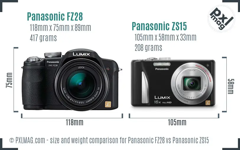Panasonic FZ28 vs Panasonic ZS15 size comparison
