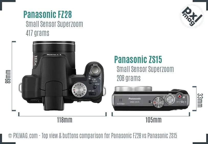Panasonic FZ28 vs Panasonic ZS15 top view buttons comparison