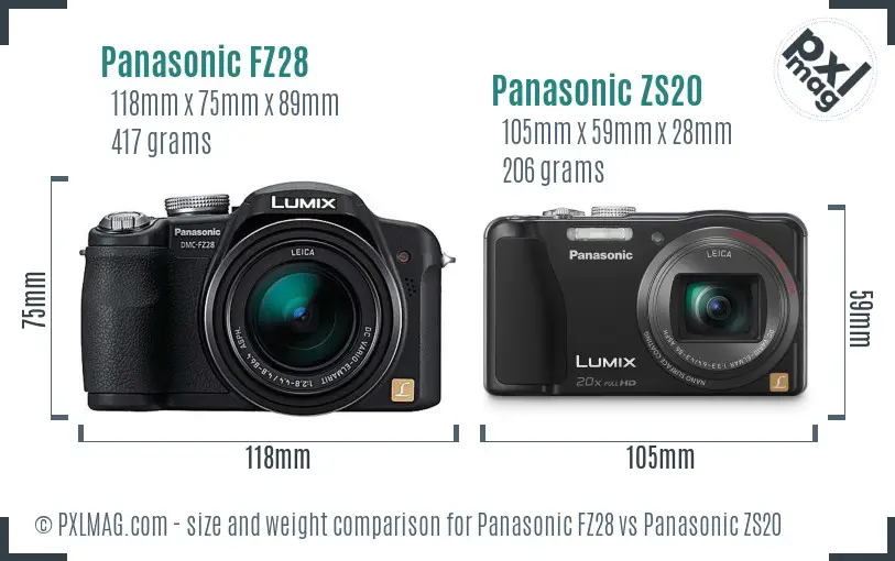 Panasonic FZ28 vs Panasonic ZS20 size comparison