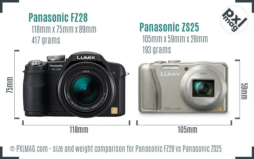 Panasonic FZ28 vs Panasonic ZS25 size comparison