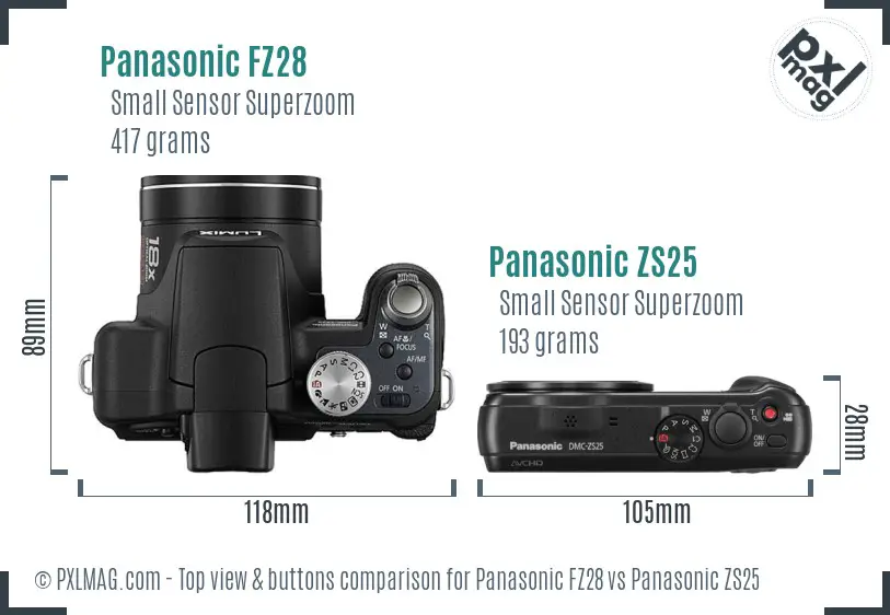 Panasonic FZ28 vs Panasonic ZS25 top view buttons comparison