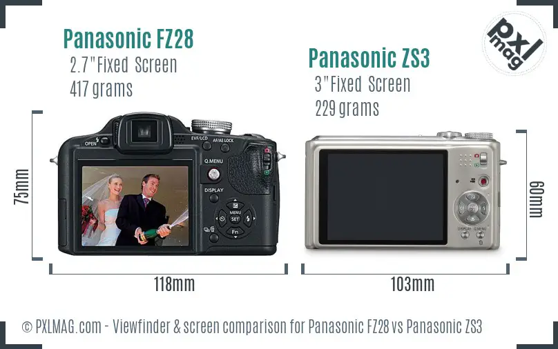 Panasonic FZ28 vs Panasonic ZS3 Screen and Viewfinder comparison
