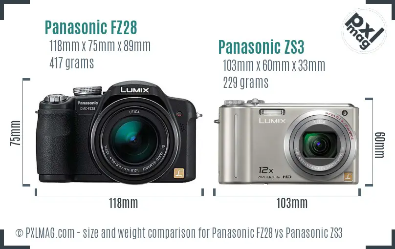 Panasonic FZ28 vs Panasonic ZS3 size comparison