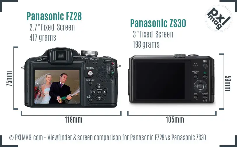 Panasonic FZ28 vs Panasonic ZS30 Screen and Viewfinder comparison
