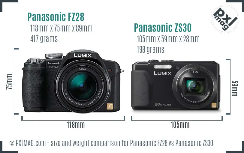 Panasonic FZ28 vs Panasonic ZS30 size comparison