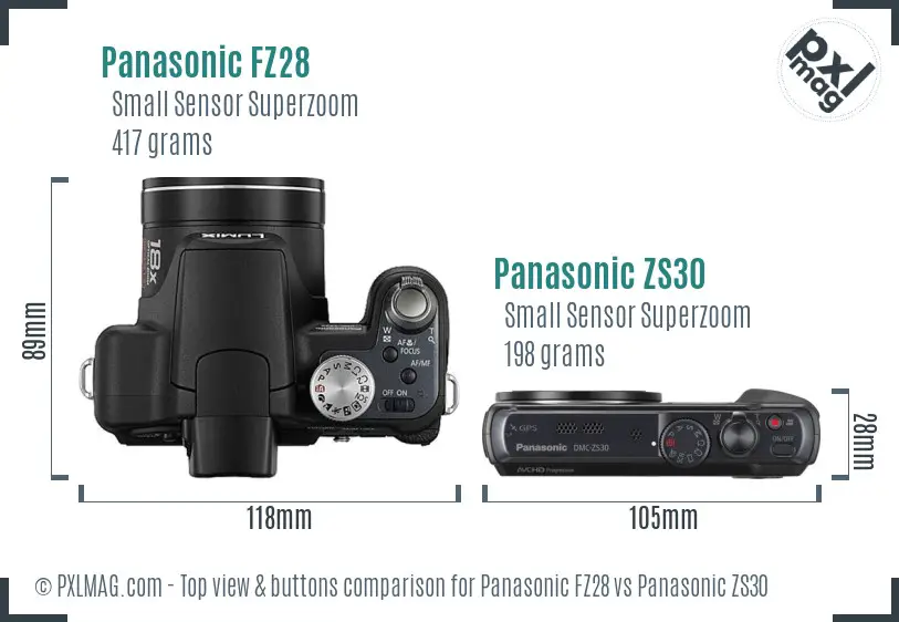 Panasonic FZ28 vs Panasonic ZS30 top view buttons comparison