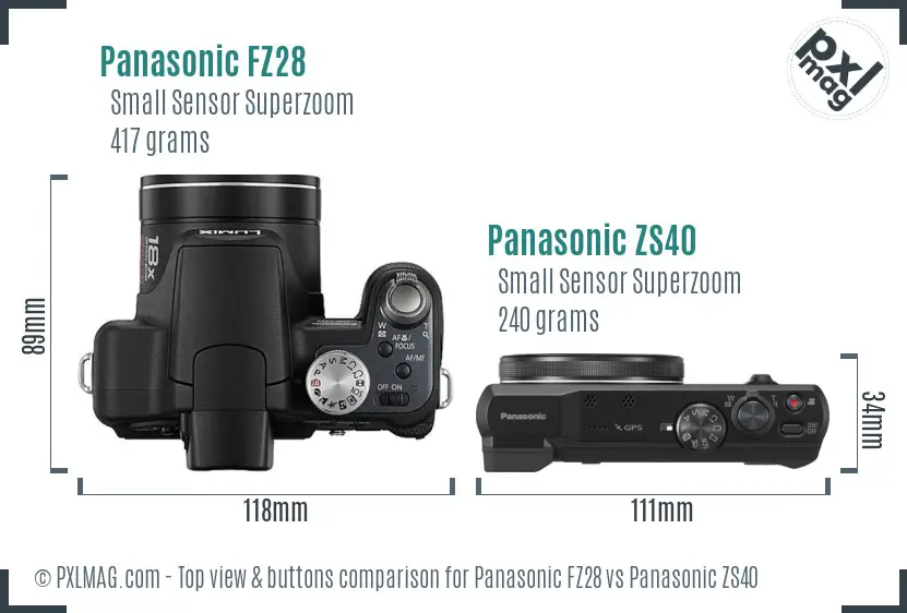 Panasonic FZ28 vs Panasonic ZS40 top view buttons comparison