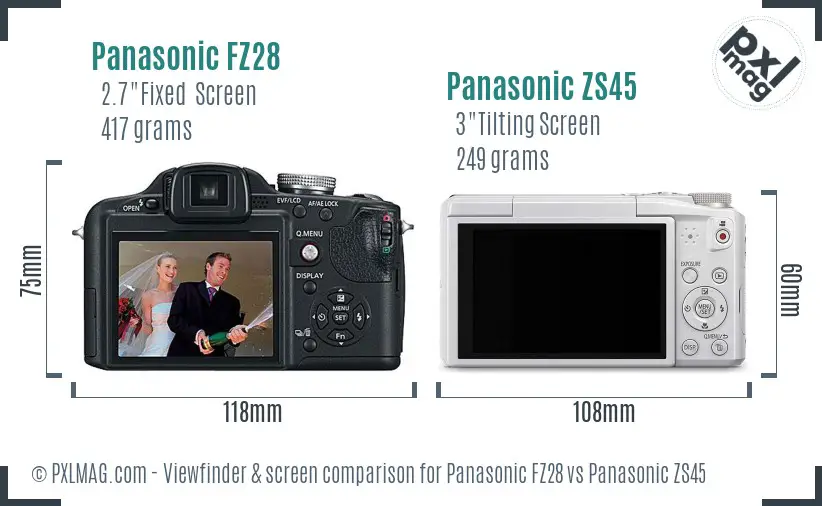 Panasonic FZ28 vs Panasonic ZS45 Screen and Viewfinder comparison