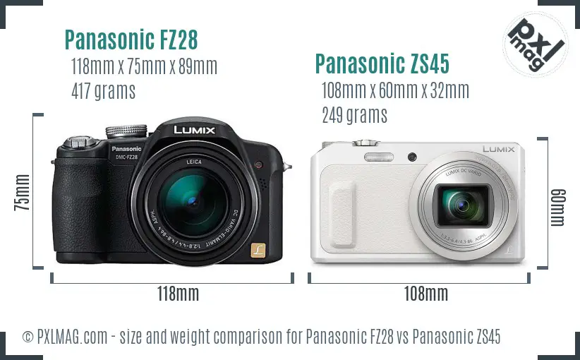 Panasonic FZ28 vs Panasonic ZS45 size comparison