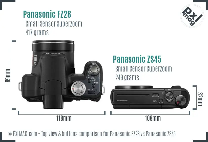 Panasonic FZ28 vs Panasonic ZS45 top view buttons comparison
