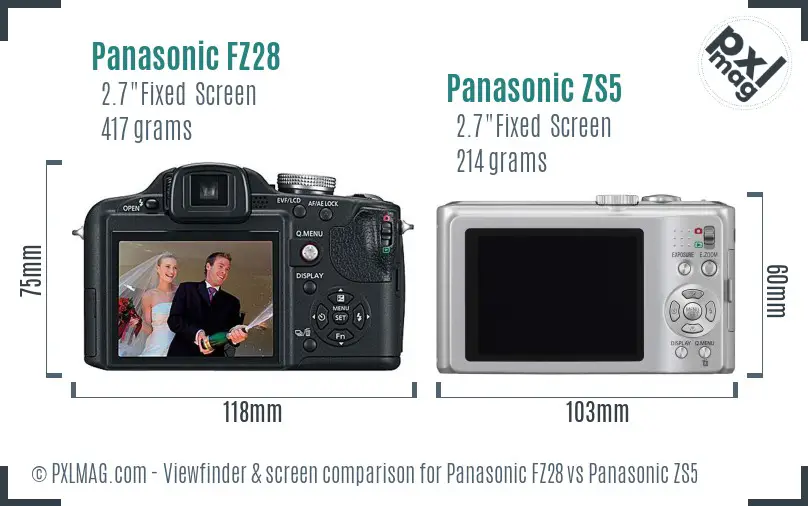 Panasonic FZ28 vs Panasonic ZS5 Screen and Viewfinder comparison