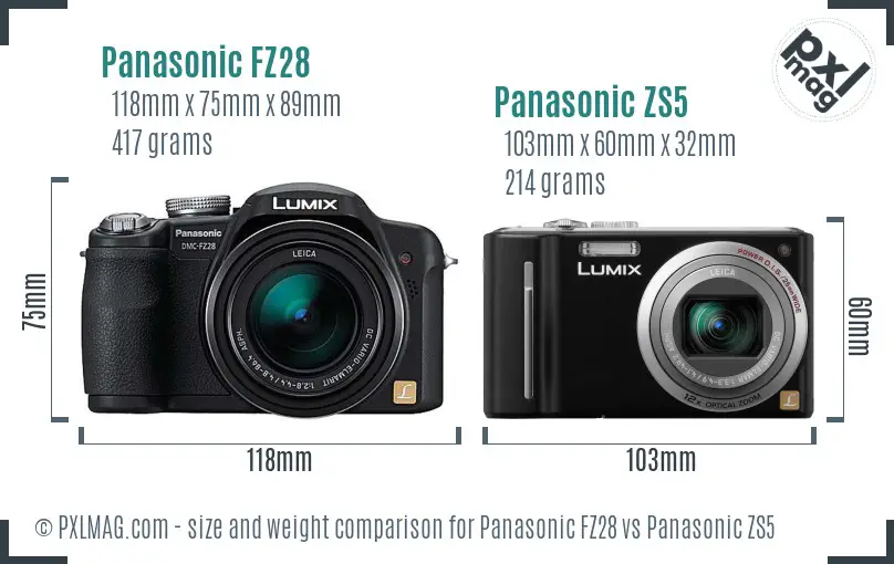 Panasonic FZ28 vs Panasonic ZS5 size comparison