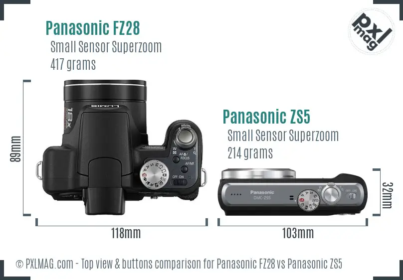Panasonic FZ28 vs Panasonic ZS5 top view buttons comparison