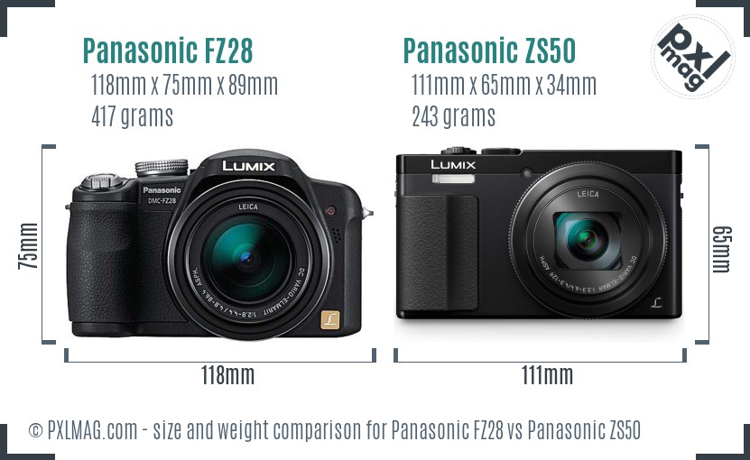 Panasonic FZ28 vs Panasonic ZS50 size comparison