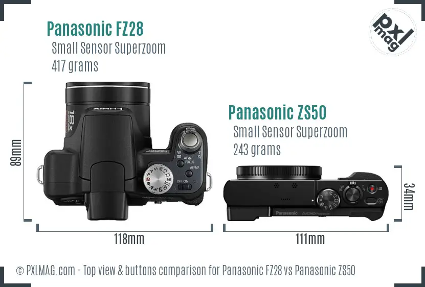 Panasonic FZ28 vs Panasonic ZS50 top view buttons comparison