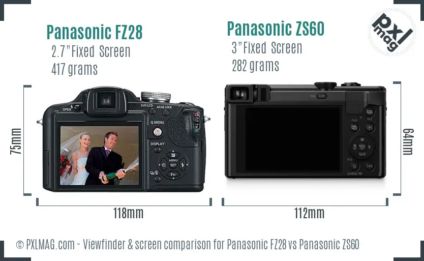 Panasonic FZ28 vs Panasonic ZS60 Screen and Viewfinder comparison