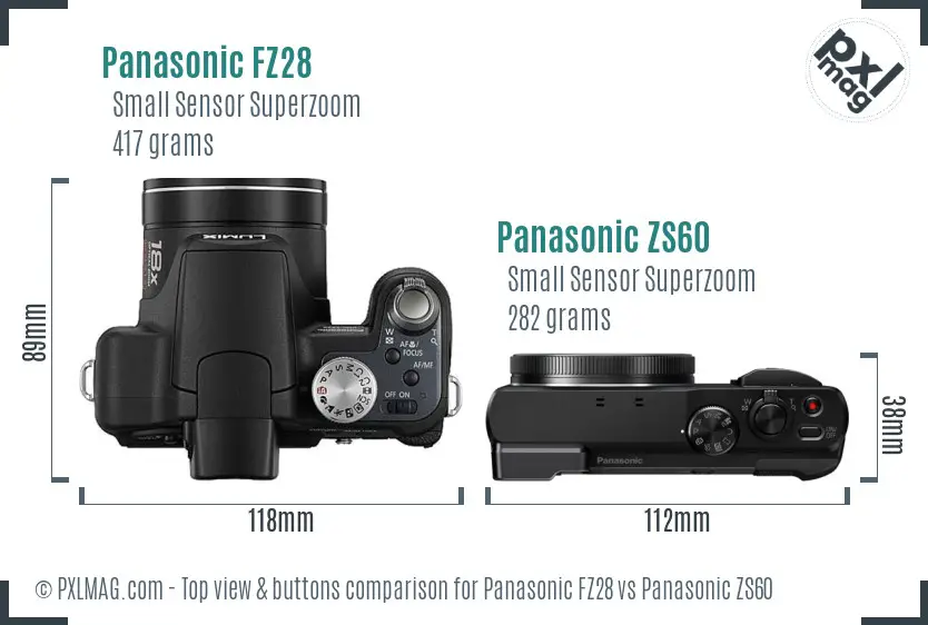 Panasonic FZ28 vs Panasonic ZS60 top view buttons comparison