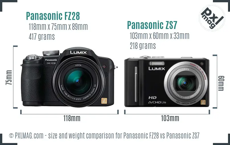 Panasonic FZ28 vs Panasonic ZS7 size comparison