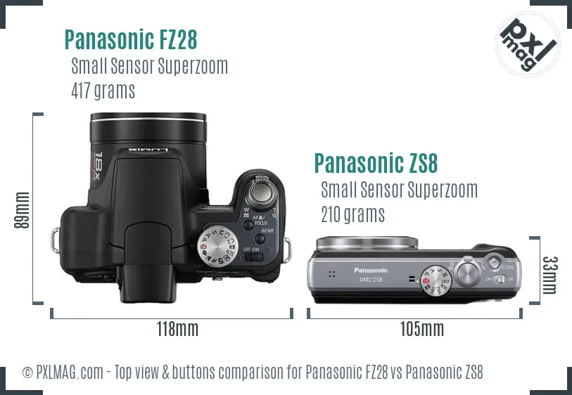 Panasonic FZ28 vs Panasonic ZS8 top view buttons comparison