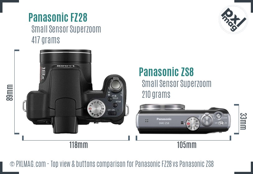 Panasonic FZ28 vs Panasonic ZS8 top view buttons comparison