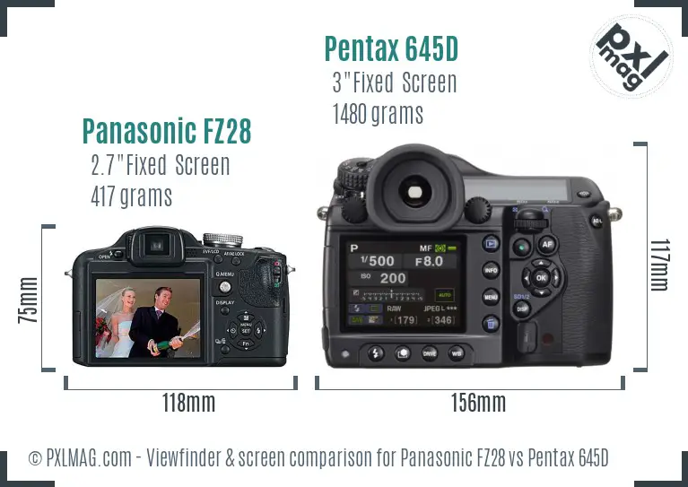 Panasonic FZ28 vs Pentax 645D Screen and Viewfinder comparison
