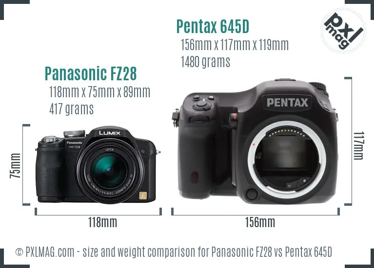 Panasonic FZ28 vs Pentax 645D size comparison