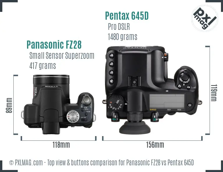 Panasonic FZ28 vs Pentax 645D top view buttons comparison
