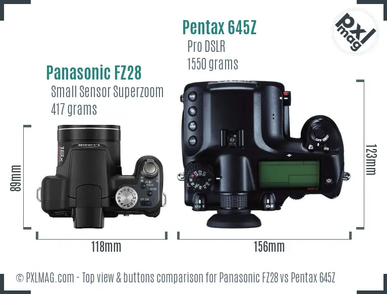 Panasonic FZ28 vs Pentax 645Z top view buttons comparison