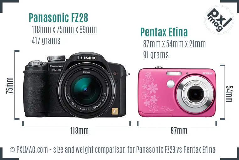 Panasonic FZ28 vs Pentax Efina size comparison