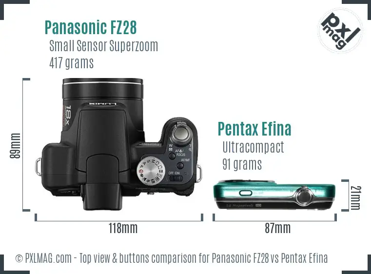 Panasonic FZ28 vs Pentax Efina top view buttons comparison