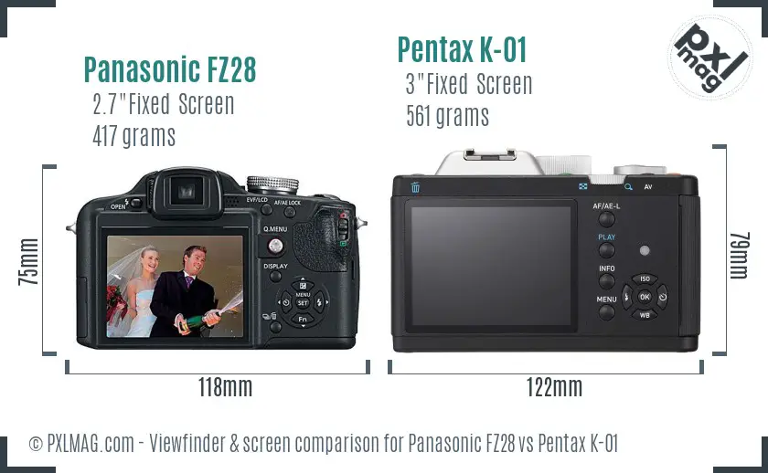 Panasonic FZ28 vs Pentax K-01 Screen and Viewfinder comparison