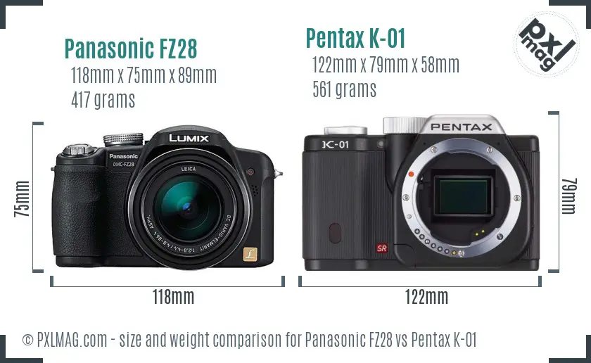 Panasonic FZ28 vs Pentax K-01 size comparison