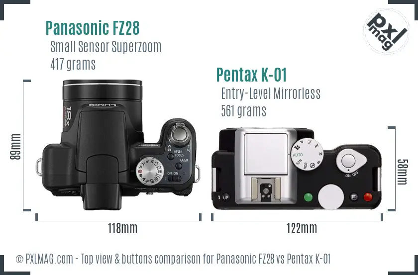 Panasonic FZ28 vs Pentax K-01 top view buttons comparison