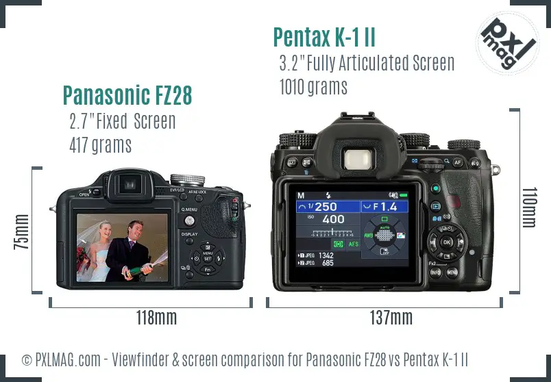 Panasonic FZ28 vs Pentax K-1 II Screen and Viewfinder comparison
