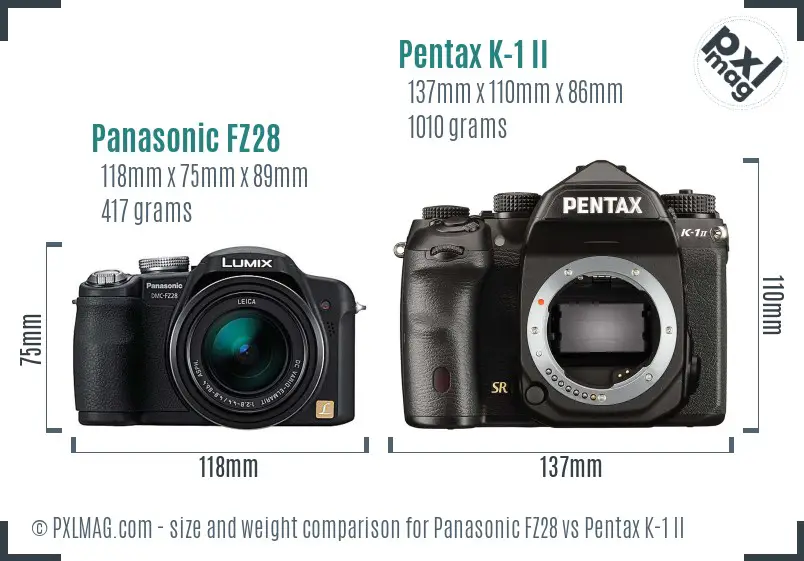Panasonic FZ28 vs Pentax K-1 II size comparison
