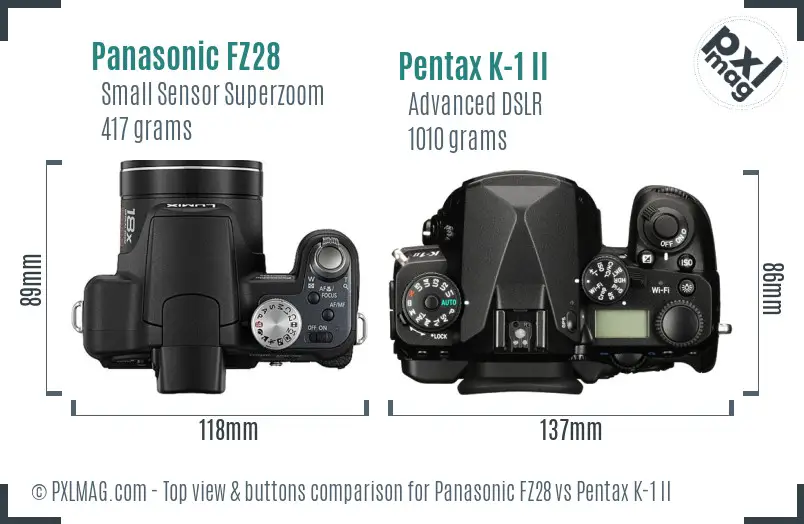 Panasonic FZ28 vs Pentax K-1 II top view buttons comparison