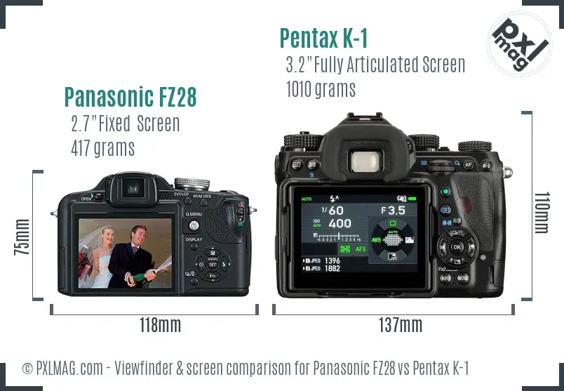 Panasonic FZ28 vs Pentax K-1 Screen and Viewfinder comparison